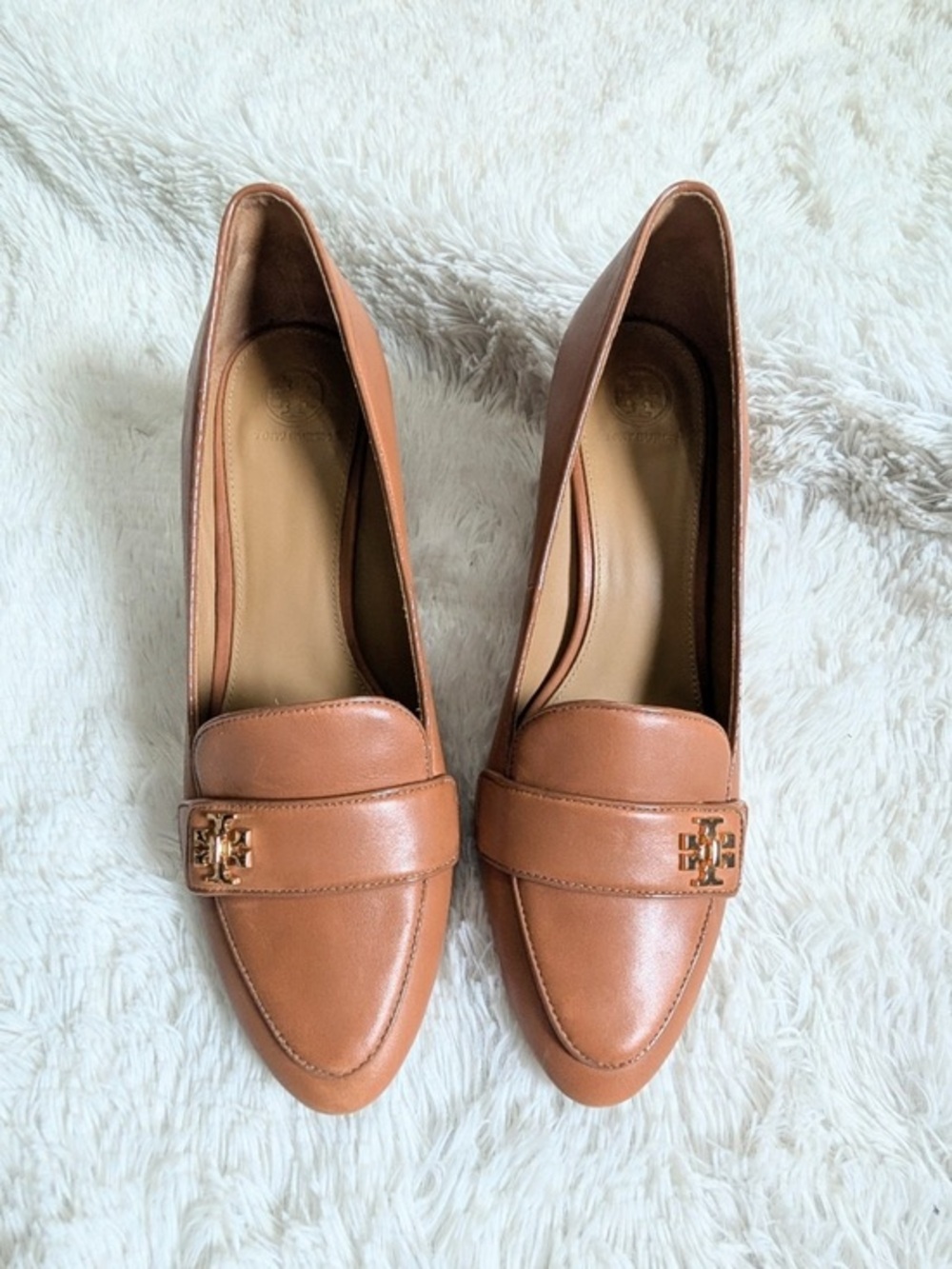 Tory Burch Cognac Leather Pointed Loafers with Logo Hardware